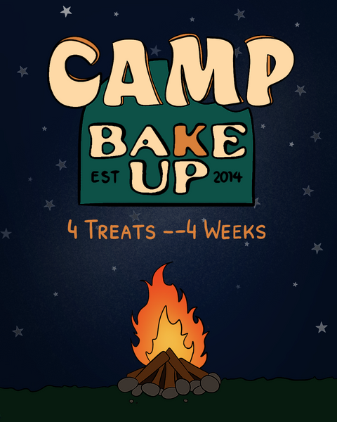 Illustration of a night sky and camp fire, above the fire is the BakeLogo and text reading "Camp BakeUp". Text below reads "4 treats -- 4 weeks".